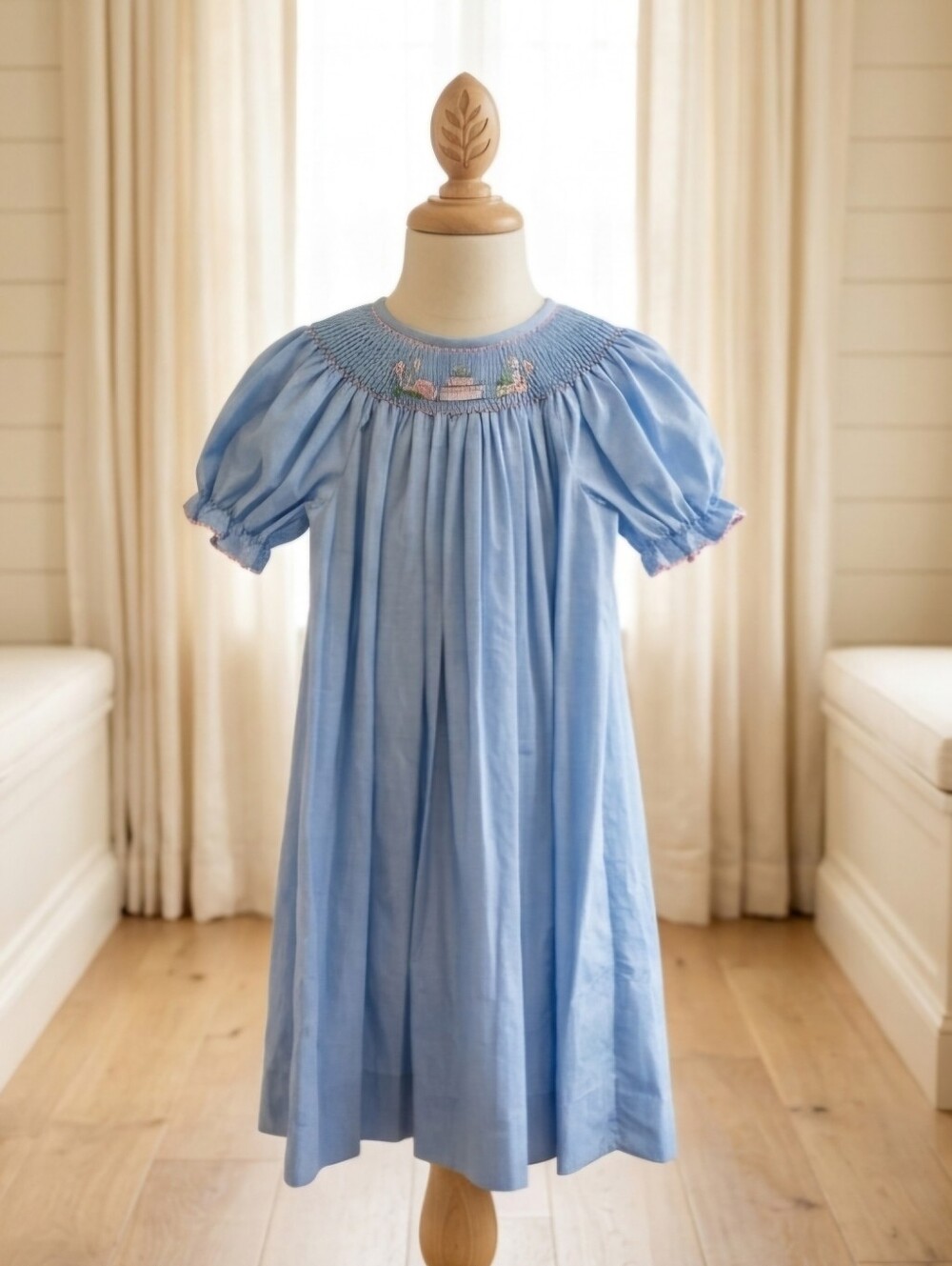 Amanda Remembered Blue White Microcheck Smocked Birthday Dress Sz 4Y